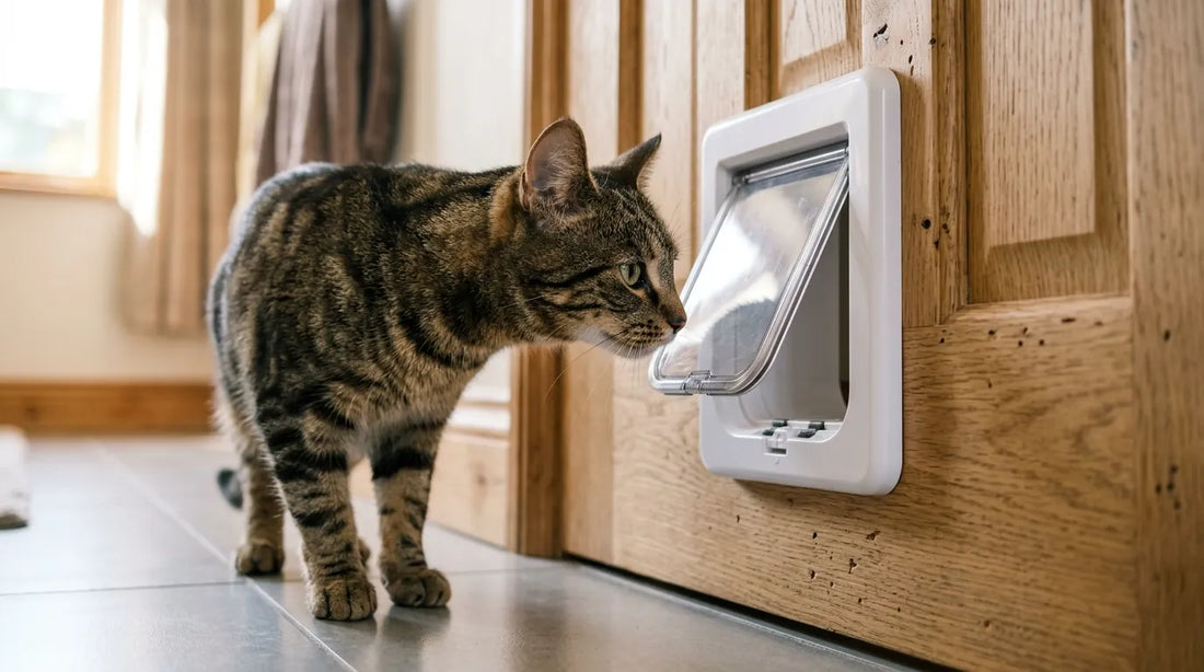 Un chat domestique observant une chatière installée sur une porte en bois claire.