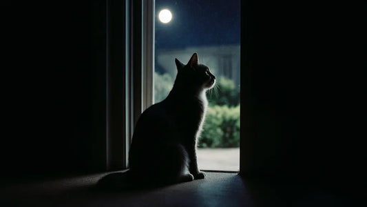 Chat debout près d’une porte ouverte regardant vers l’extérieur pendant la nuit.
