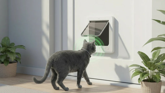 Gros plan d’une chatière à puce installée sur une porte blanche avec un chat gris qui s’approche.