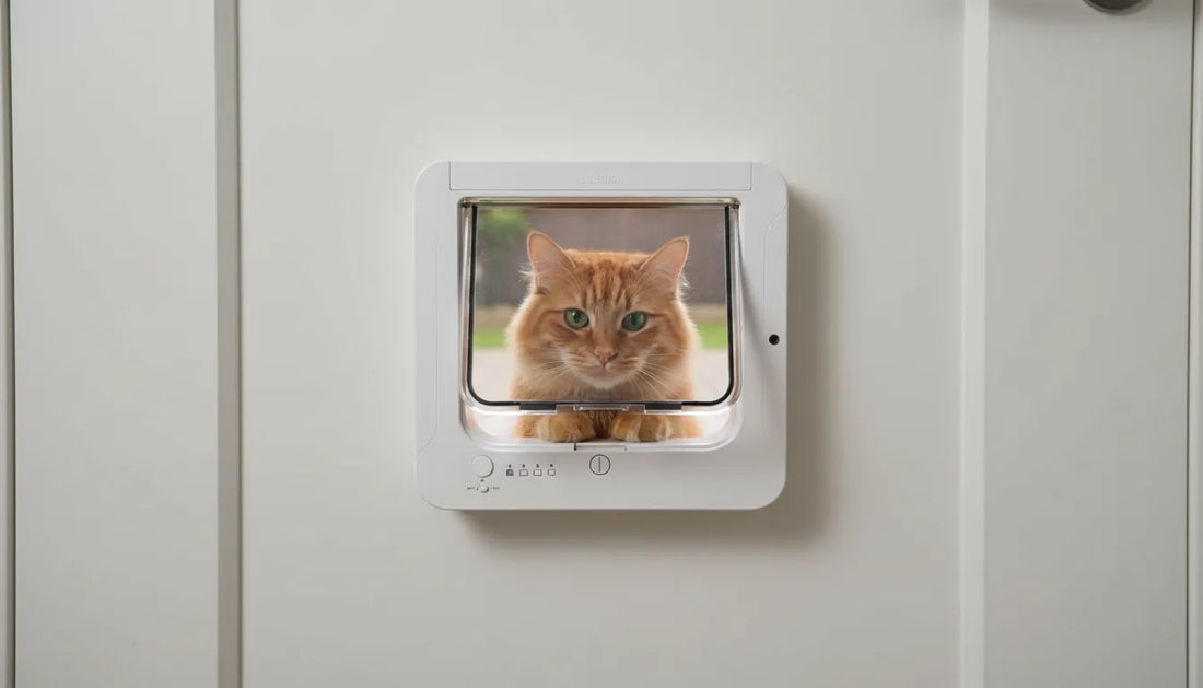 Chat observant une chatière ouverte depuis l’extérieur d’une maison.