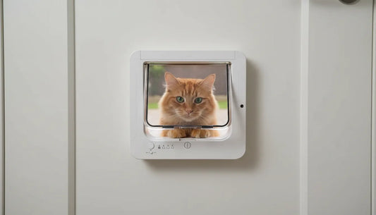 Chat observant une chatière ouverte depuis l’extérieur d’une maison.
