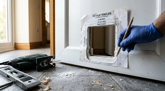 Découpe précise dans le panneau inférieur d'une porte en PVC blanc pour la pose d'une chatière.