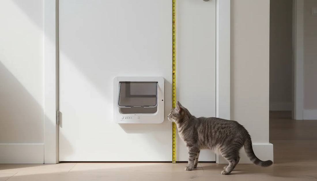 Chat gris debout près d’une porte blanche montrant la hauteur d’installation d’une chatière à puce.