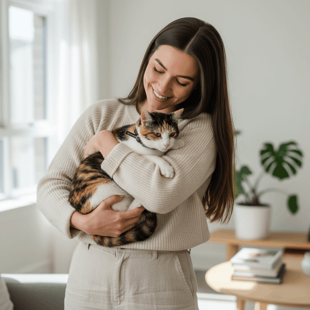 Femme avec son chat heureuse
